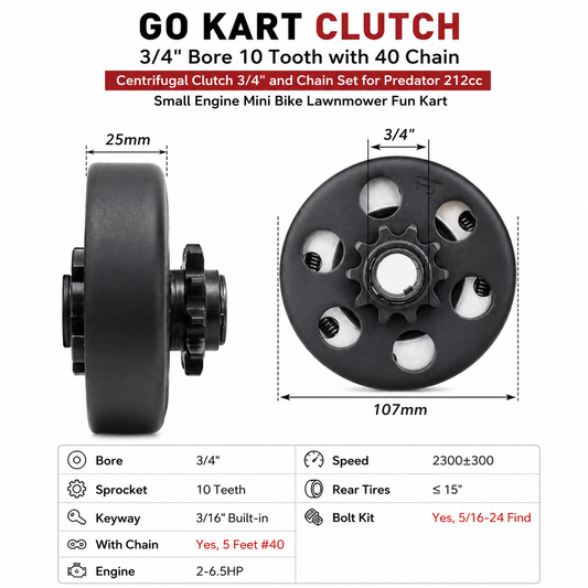 FDJ Go Kart Clutch 3/4" Bore 10 Tooth with #40 Chain – Centrifugal Clutch Kit for Predator 212cc Mini Bike & Go Kart