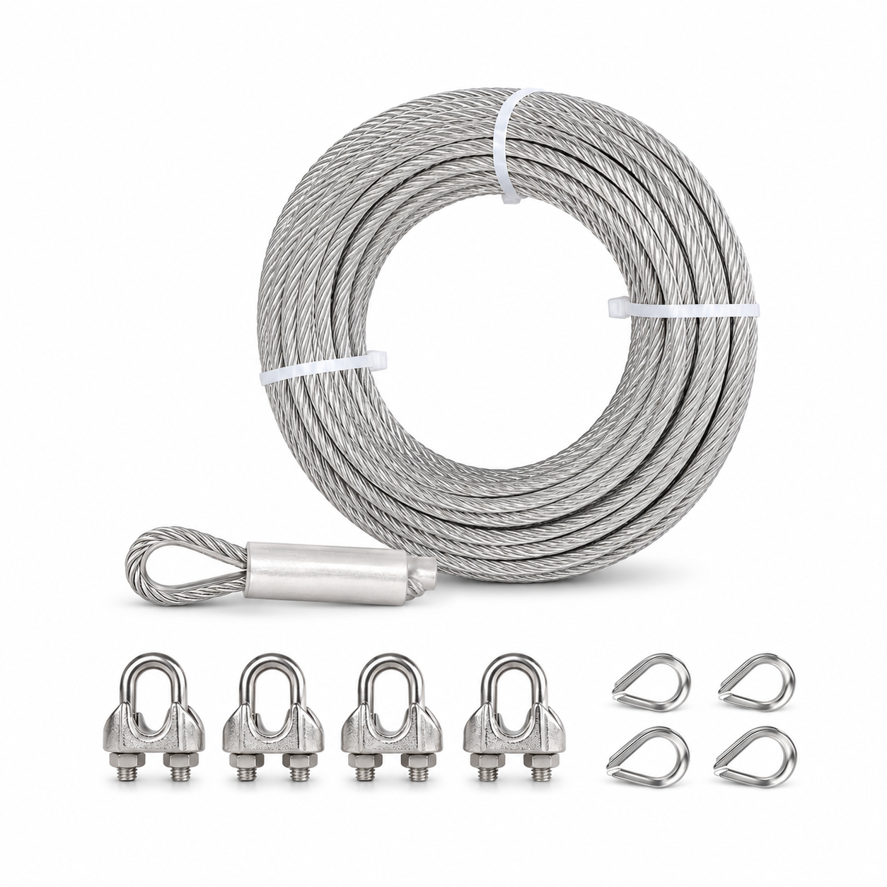 1/4" Stainless Steel Wire Rope 100FT – 7x19 304 Steel Cable with Loops for Deck Railing & Winch Use