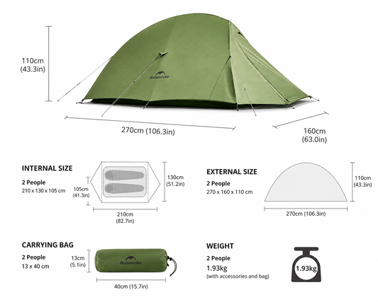Naturehike Cloud Up BASE 2 Person Camping Tent – Ultralight Waterproof Backpacking Tent Bud Green