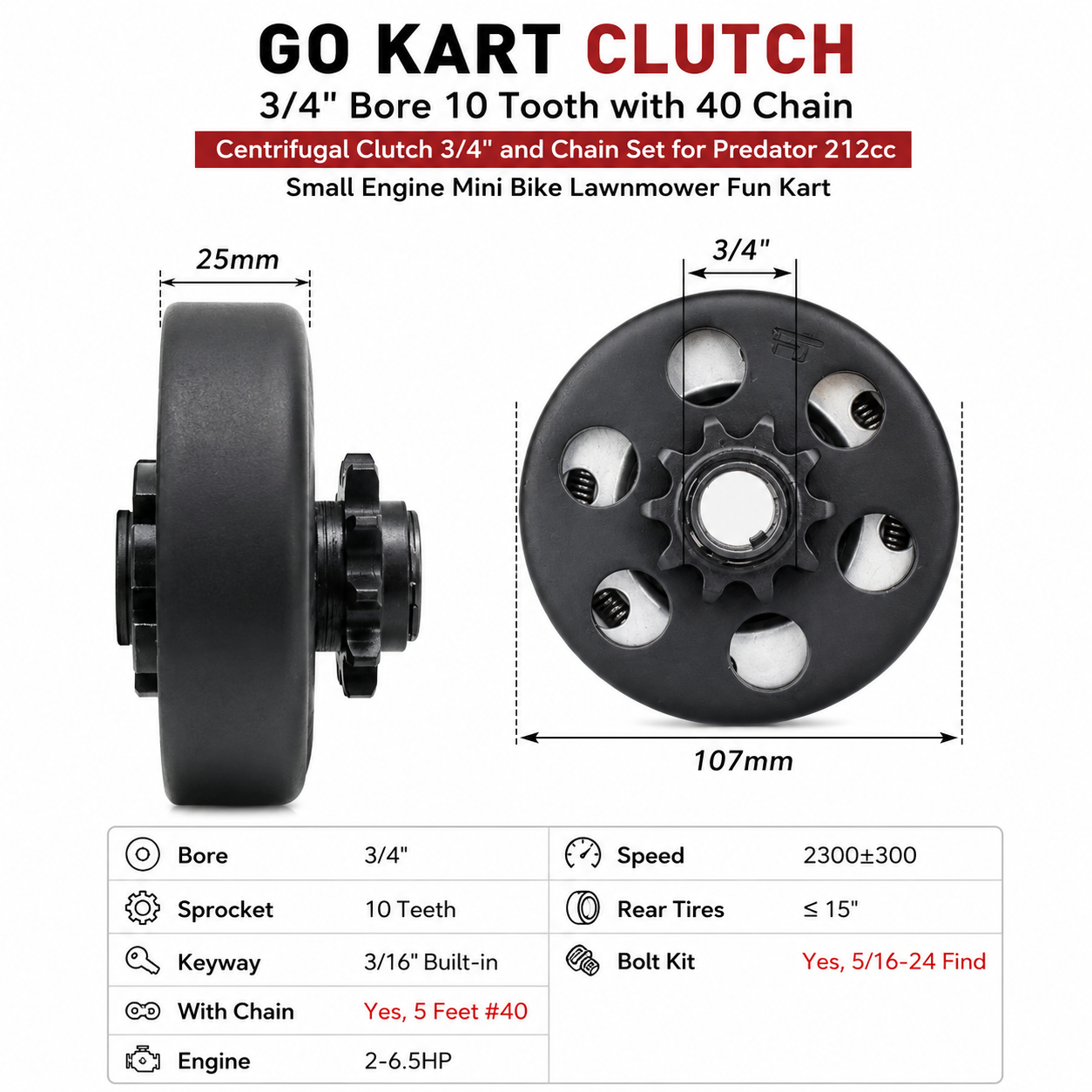 FDJ Go Kart Clutch 3/4" Bore 10 Tooth with #40 Chain – Centrifugal Clutch Kit for Predator 212cc Mini Bike & Go Kart