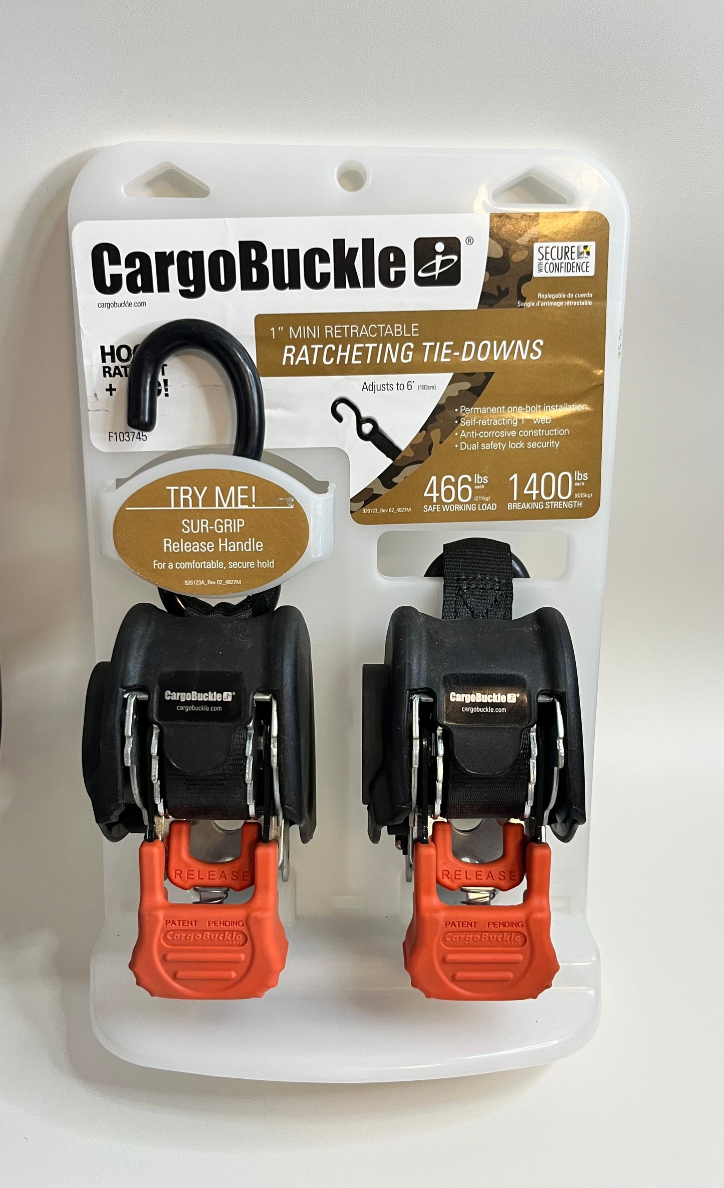 CargoBuckle Retractable Ratchet Tie Downs 1" Heavy Duty 1400lbs Truck Trailer Straps