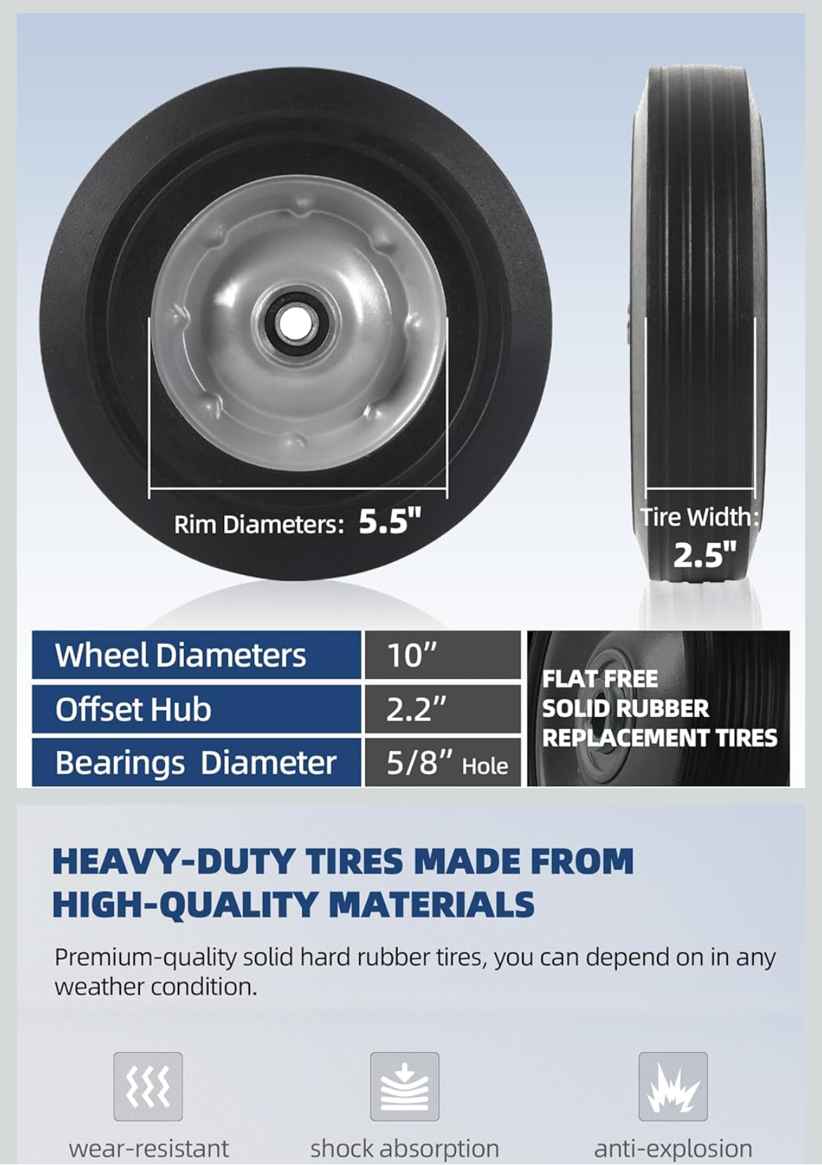 10" Flat Free Solid Rubber Replacement Tires for Hand Trucks & Wheelbarrows – 5/8" Axle