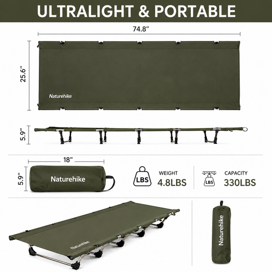 Naturehike Ultralight Folding Camping Cot Bed – Portable Compact Camping Cot for Adults Supports 330 lbs